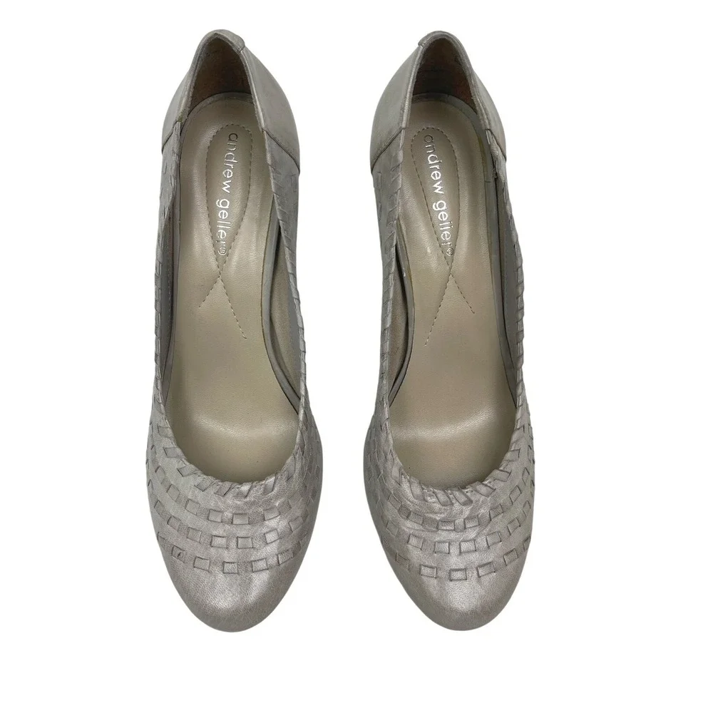 Andrew Geller Grey‎ Beige Leather Heels Woven Stiletto 4